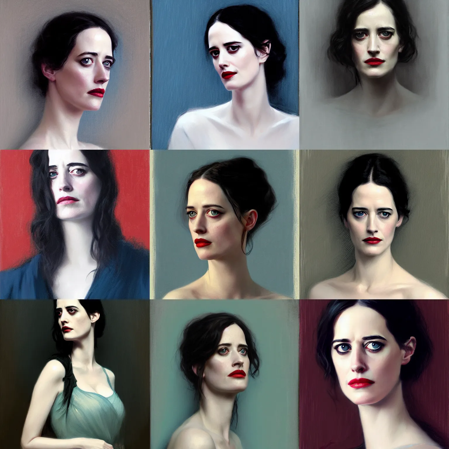 Prompt: portrait of eva green by jeremy lipking, penelope ives from penny dreadful, vesper lynd from casino royale, blue eyes, artstation hq