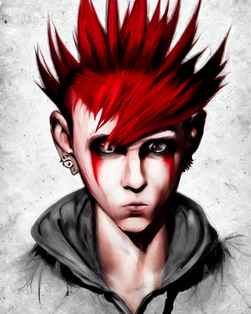 Prompt: young man with a short red dyed mohawk, red eyes and a slim face, gauged ears, dressed in crustpunk clothing, headshot, attractive, handsome, in color, no makeup, model, trending on artstation, high quality art, character design