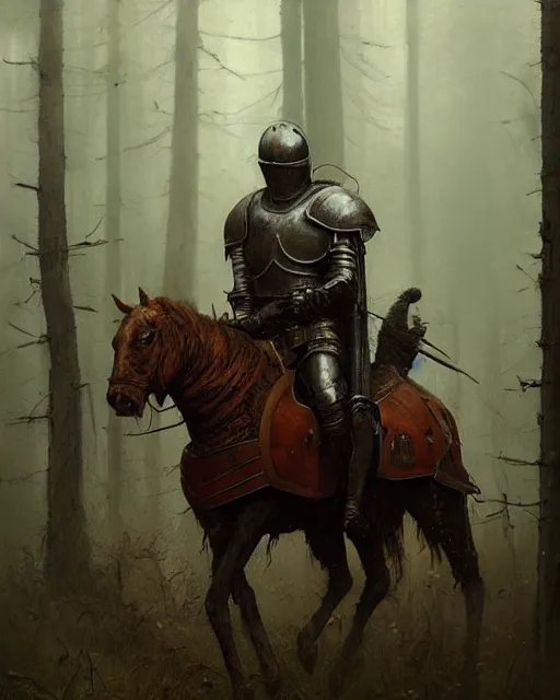 Image similar to Hyper realistic painting of a knight in full plate armor that has completely turned to rust, hyper detailed, surrounded by a dark forest, fog, moody, creepy, cinematic lighting, by greg rutkowski, trending on artstation