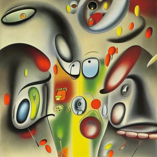 Image similar to Oil painting by Roberto Matta. Strange mechanical beings kissing. Close-up portrait by Takashi Murakami. Yves Tanguy. Dali.