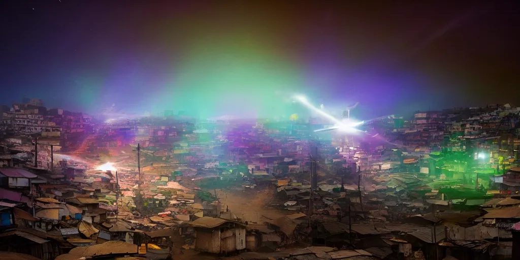 Prompt: AJEGUNLE SLUMS of Lagos surrounding large UFO within NEON rays of light,