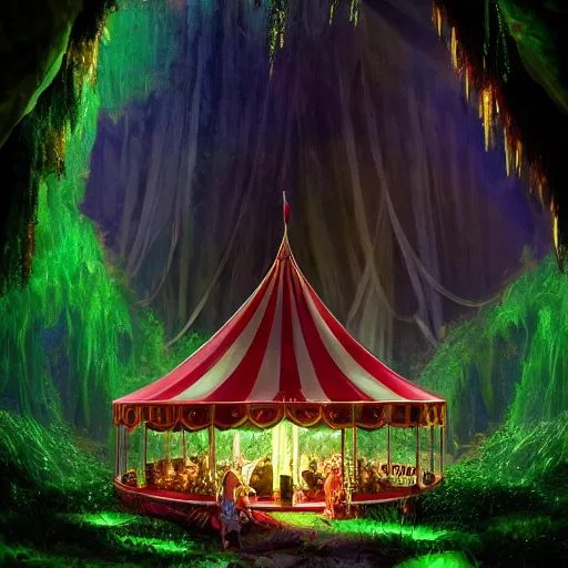 Prompt: circus tent in lush cave with glowing emeralds and rubies and vines hanging from the ceiling, sharp focus, cinematic light, artgerm, cgsociety, desaturated, highly detailed