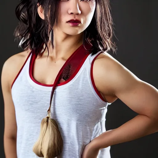 Image similar to “an action photoshoot of akane owari, akane owari danganronpa, top heavy, a toned Japanese young woman with dark tanned skin and wild wavy brown hair in a bob, hazel eyes, athletic fashion photography, sparring, dynamic pose, young and beautiful, white tank top, magazine cover, Japanese facial features, full of energy”