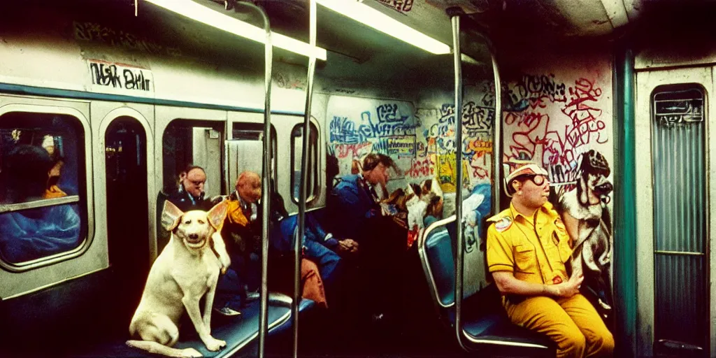 Image similar to new york subway cabin 1 9 8 0 s inside all in graffiti, 1 9 8 0 s policeman with the k - 9 dog, coloured film photography, christopher morris photography, bruce davidson photography