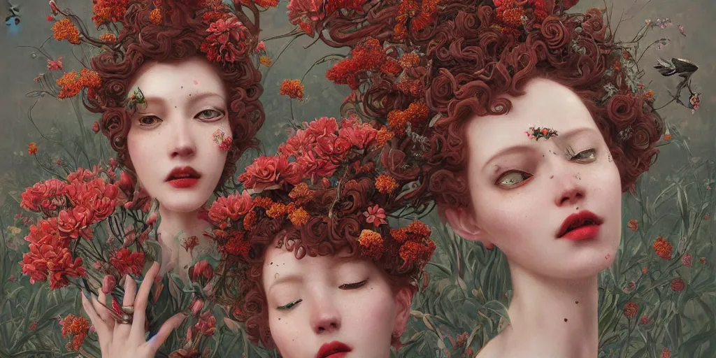 Prompt: breathtaking detailed concept art painting art deco pattern of red short curly hair faces goddesses amalmation flowers with anxious piercing eyes and blend of flowers and birds, by hsiao - ron cheng and john james audubon, bizarre compositions, exquisite detail, extremely moody lighting, 8 k