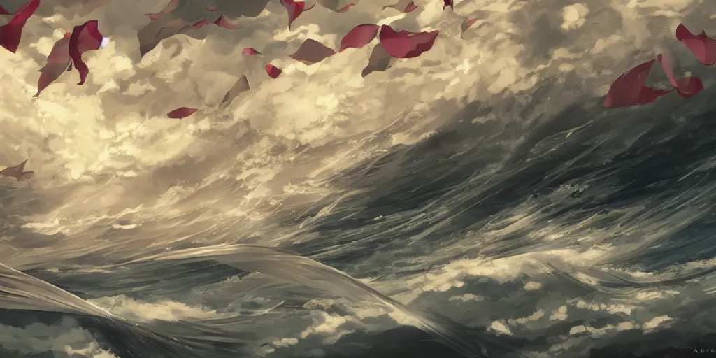 Image similar to background art of flying longswords flowing and floating through the slicing through directional wind on a simple cloudy sky background featuring an enormous tsunami, big puffy clouds, large individual rose petals, lotus petals, angular background elements, large polygonal fragments, anime, studio ghibli, artgerm, manga, trending on artstation, art nouveau, mature color scheme