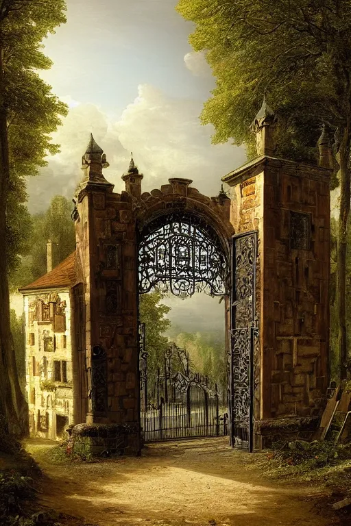 Prompt: beautiful digital painting high quality heavy iron gothic gate in the woods cobblestone ground by Bernardo Bellotto, artstation behance