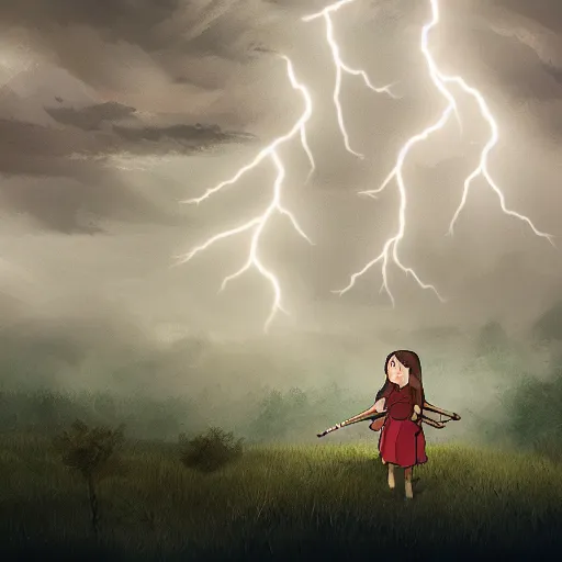 Prompt: young girl playing flute, birch forest clearing, storm at night, lightning dragons attack, low angle facing sky, cinematic, dramatic lighting, big storm clouds, high contrast, artstation, fine art, greg rutowski, ghibli, hosada