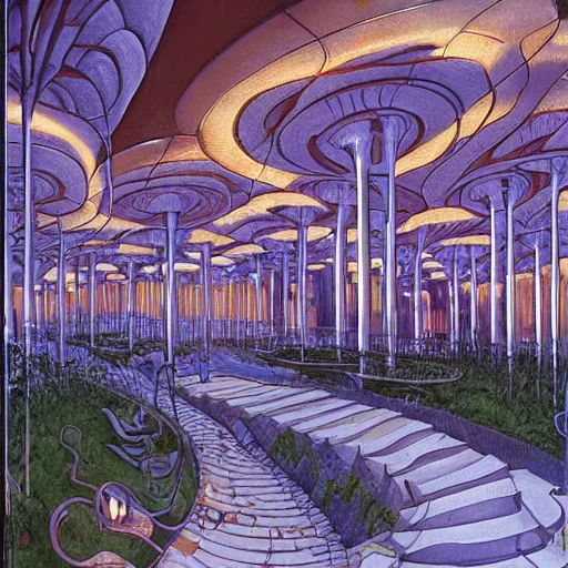 Image similar to scifi advanced mushroom city streets, modern architecture, by marianne north, by michael parkes, concept art