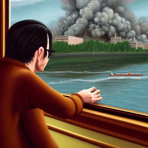 Prompt: An Oil Painting of the back view of Rivers Cuomo in a sweater with long hair and a mustache sweating bullets as he looks outside his window in front of him in his apartment to see kim jong un's nukes falling onto the city, hyperrealistic, extremely realistic, highly realistic, HD Quality, 4k resolution, 8k resolution, Detailed, Very Detailed, Highly Detailed, Extremely Detailed, Intricate Details, Real, Very Real, Oil Painting, Digital Painting, Painting, Trending on Deviantart, Trending on Artstation