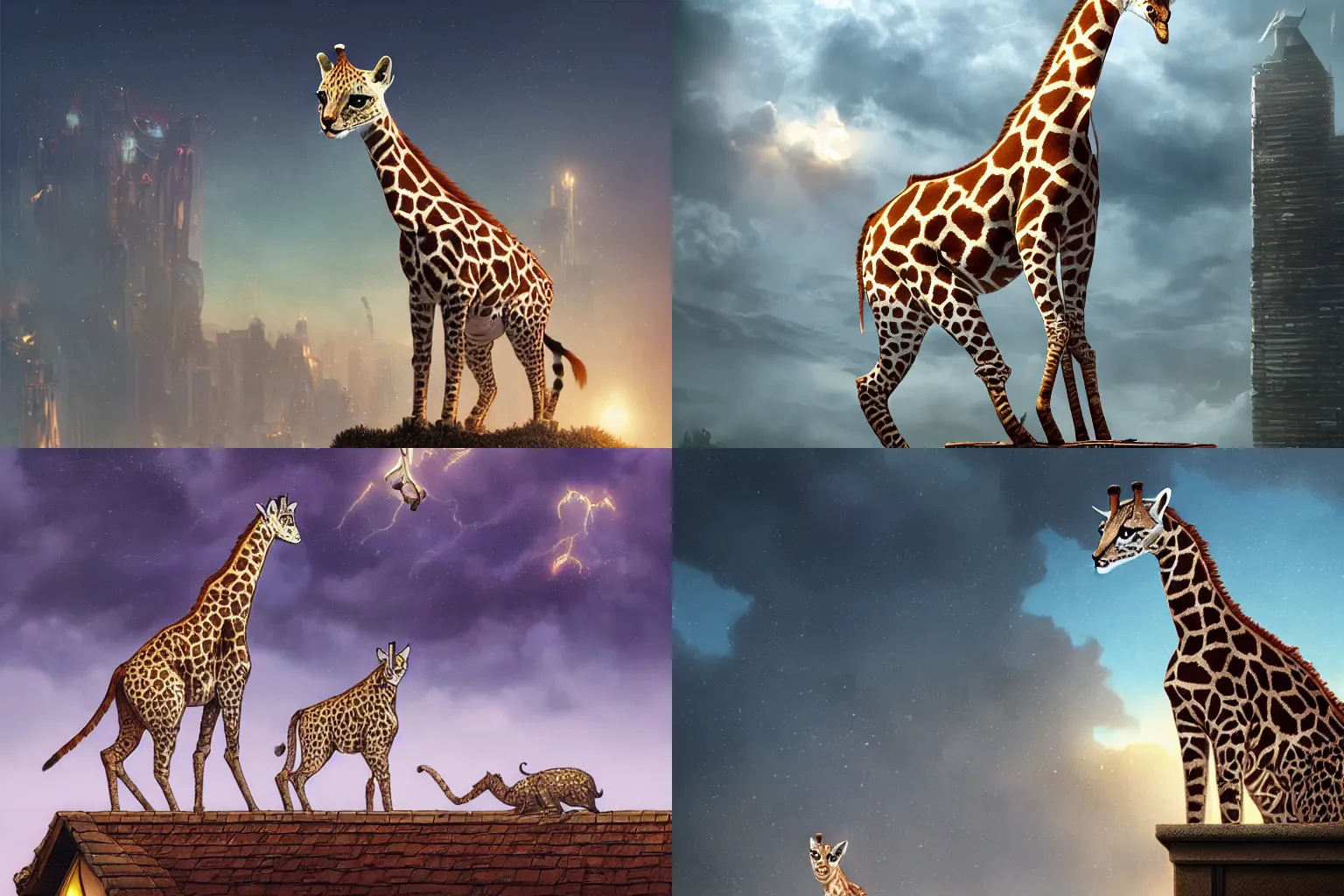 Prompt: a cat as giraffe standing on the rooftop, fantasy, illustration, intricate, epic lighting, cinematic composition, hyper realistic, 8 k resolution, unreal engine 5, by artgerm, tooth wu, dan mumford, beeple, wlop, rossdraws, james jean, andrei riabovitchev, marc simonetti, yoshitaka amano, artstation