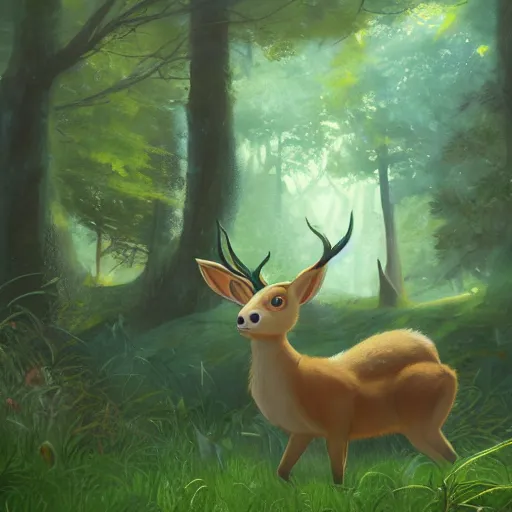 Image similar to concept art painting of an anthropomorphic chubby doe wearing yellow robes, in the deep forest, realistic, detailed, cel shaded, in the style of makoto shinkai and greg rutkowski and james gurney