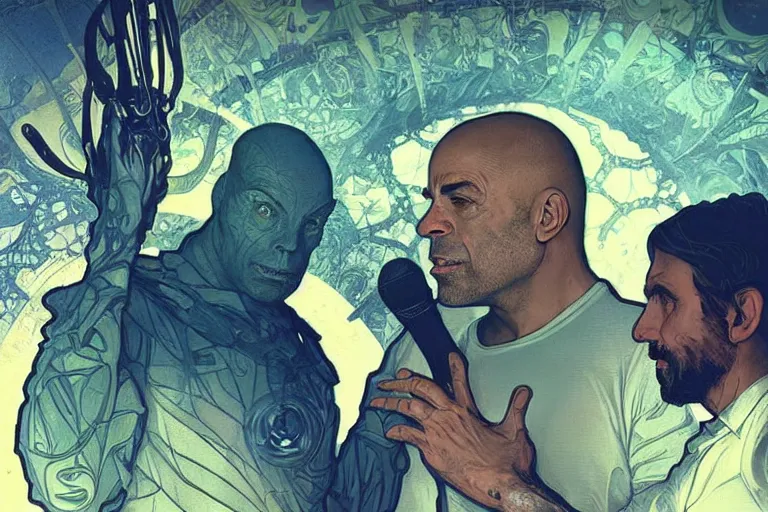 Prompt: joe rogan interviewing an inter - dimensional dmt alien, octane render, by greg rutkowski, alphonse mucha, artgerm