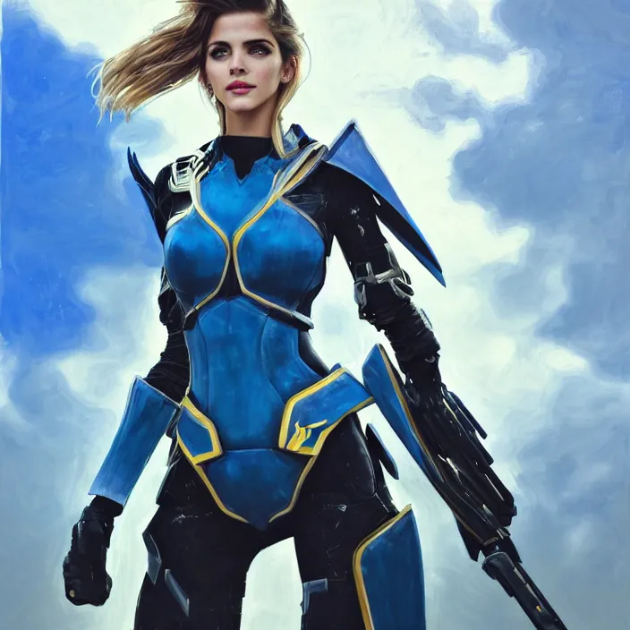 Image similar to portrait of a combination of Ashley Greene, Katheryn Winnick, Victoria Justice, Adriana Dxim, Grace Kelly and Emma Watson with blue hair wearing Interceptor's armor from Anthem, countryside, calm, fantasy character portrait, dynamic pose, above view, sunny day, thunder clouds in the sky, artwork by Jeremy Lipkin and Giuseppe Dangelico Pino and Michael Garmash and Rob Rey and Greg Manchess and Huang Guangjian, very coherent asymmetrical artwork, sharp edges, perfect face, simple form, 100mm