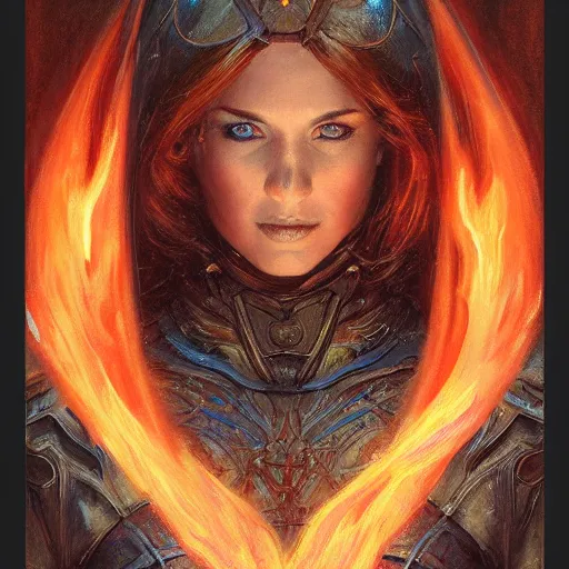 Image similar to the female flame knight, closeup portrait art by donato giancola and greg rutkowski, vintage retro, realistic face, digital art, trending on artstation, symmetry!!