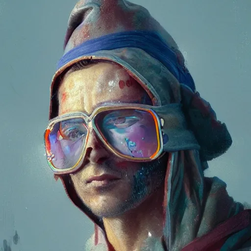 Image similar to portrait of a blindfolded man in baggy multicolored robes and a large straw hat, detailed face, highly detailed, cinematic lighting, digital art painting by greg rutkowski