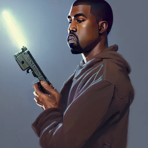 Image similar to highly detailed portrait kanye west holding revolver! gta v stephen bliss unreal engine fantasy art by greg rutkowski loish rhads ferdinand knab makoto shinkai lois van baarle ilya kuvshinov rossdraws tom bagshaw global illumination radiant light detailed intricate environment