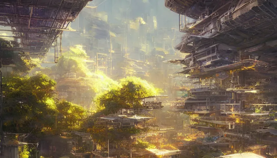Image similar to craig mullins and ghibli digital illustration organized solarpunk tall vertical farms under an invisible force field, scifi hydroponics, astrophotography, colorful, unreal engine, hyper realism, realistic shading, cinematic composition, realistic render, octane render, detailed textures, photorealistic, wide shot