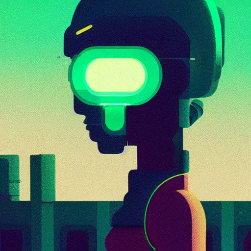 Image similar to a graph - style woman walking across a lush green field, a huge robot head in front of her, cyberpunk art by james gilleard, cgsociety, retrofuturism, synthwave, retrowave, outrun