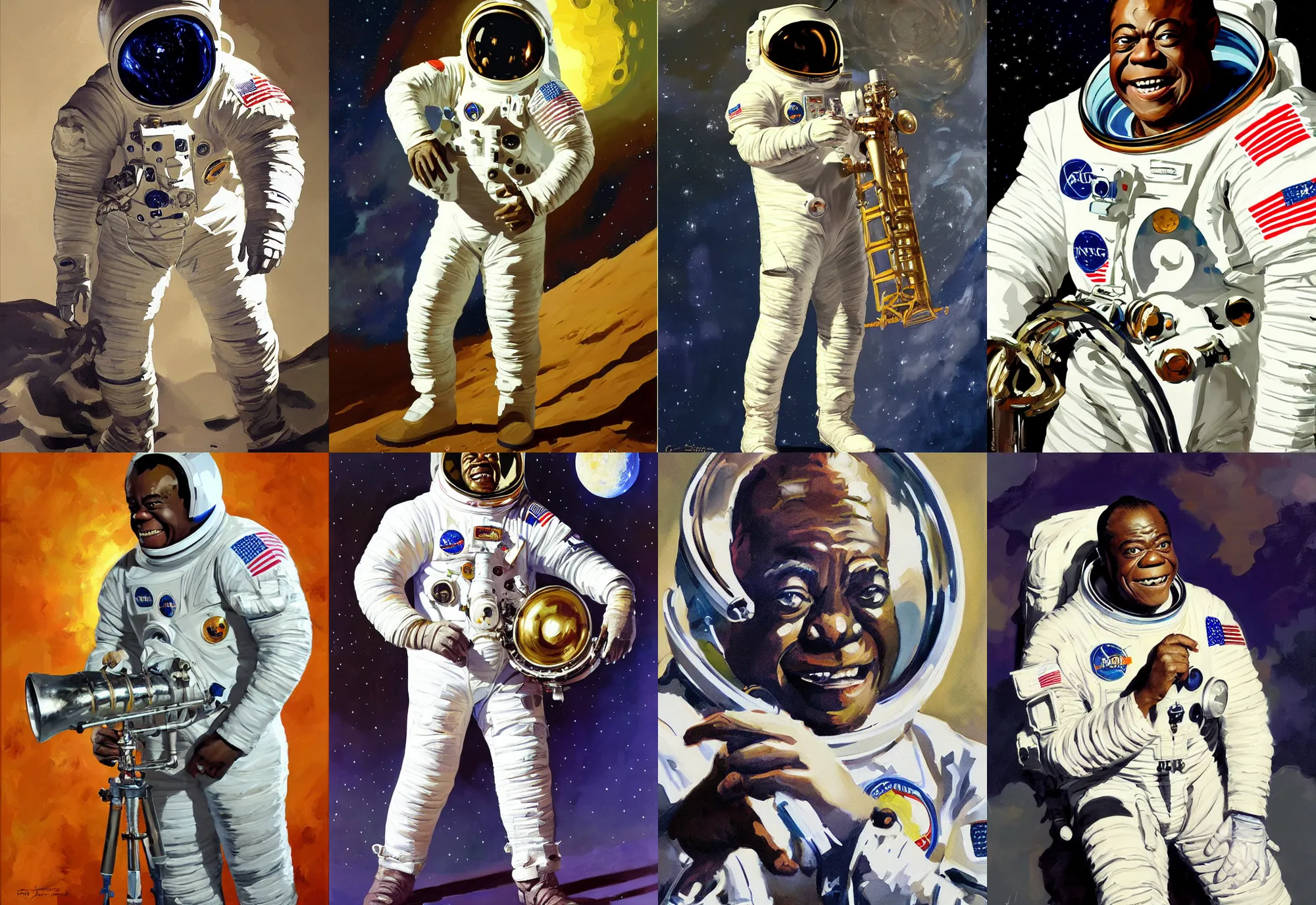 Image similar to a portrait of louis armstrong wearing a space suit on the moon, by greg manchess and john singer sargent and jonathan yeo, dramatic lighting, highly detailed digital painting