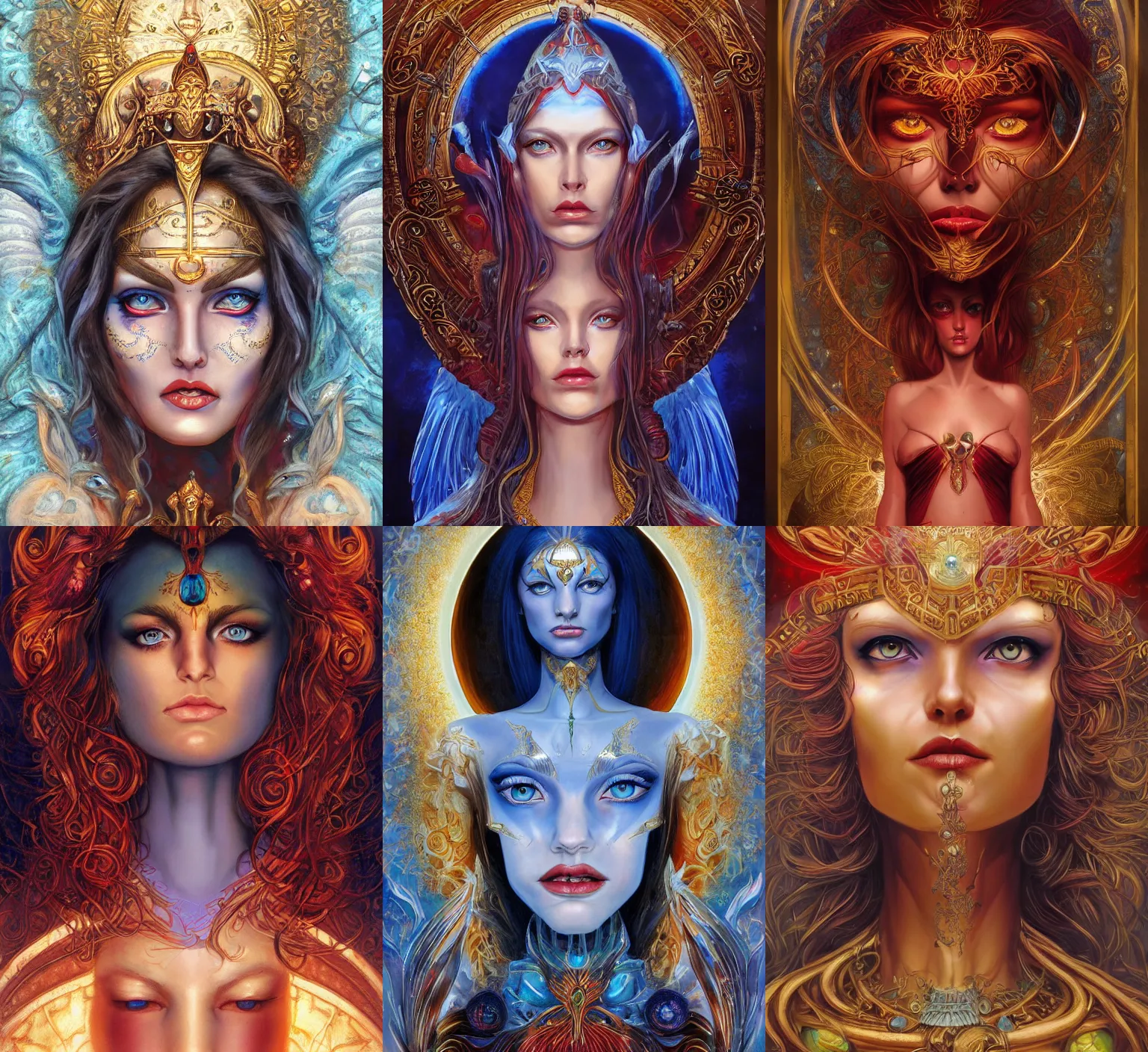 Prompt: stunning goddess of life portrait, clear blue eyes. realistic, symmetrical face. deep red and gold background. art by bowater charlie, mark brooks, julie bell, arian mark, tony sandoval