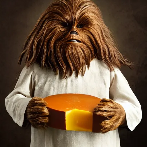 Prompt: dutch chewbacca wearing clogs and eating cheese