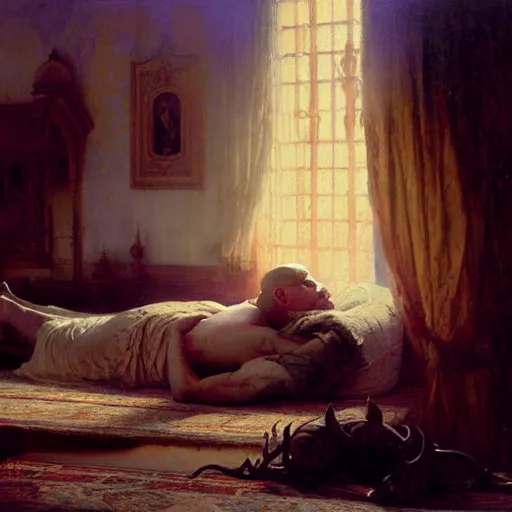 Image similar to the pope laying down in his bed, terrified, because a double horned shadow demon is in the bedroom, approaching his bed. highly detailed painting by gaston bussiere, greg rutkowski, craig mullins 8 k