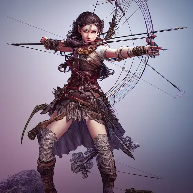 Image similar to the portrait of lawful neutral semi - colorful female archer huntress as absurdly beautiful, gorgeous, elegant, young girl, an ultrafine hyperdetailed illustration by kim jung gi, irakli nadar, intricate linework, bright colors, octopath traveler, final fantasy, unreal engine 5 highly rendered, global illumination, radiant light, detailed and intricate environment