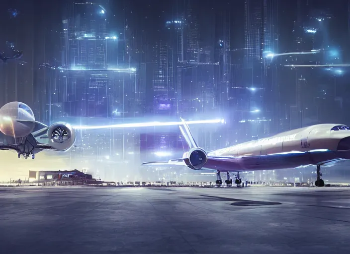 Prompt: immense futuristic jet plane arrives at runway of cyberpunk airport at night ,cinematic lighting, concept art