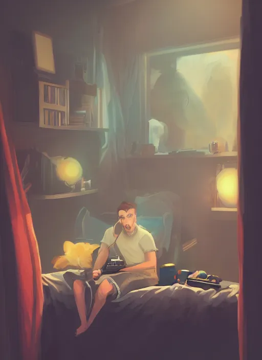 Image similar to video gamecore, gamecore, gamercore portrait of a man playin playstation 5 on his bedroom at night, cinematic perspective, trending in artstation, behance, deviantart