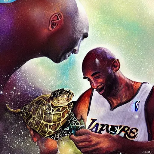 Image similar to kobe bryant kissing a turtle in heaven, amazing digital art, amazing detail, fantasy art, artstatiom, cgsociety, epic art