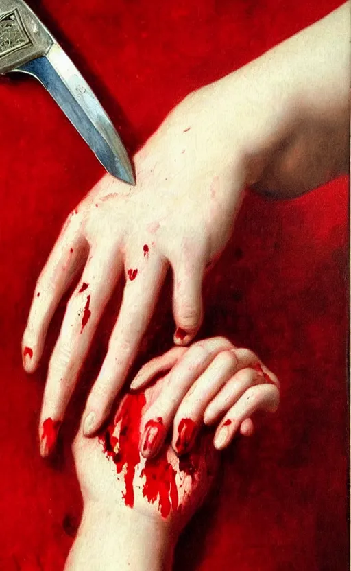 Prompt: by 1 9 th century famous painter, hands, nail polish, blood smear, blood dripping, knife, realism, realistic, oil painting, red wallpaper background