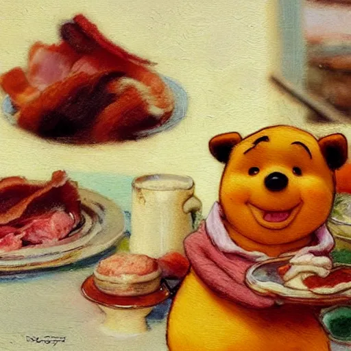 Prompt: close up of winnie the pooh with a plate of sausage and bacon and ham hock, cinematographic shot, by daniel f. gerhartz