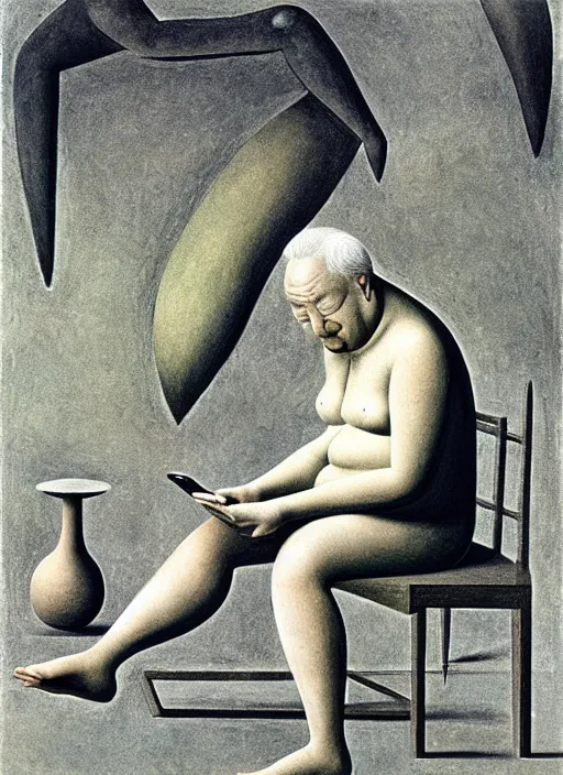 Image similar to man sitting on chair looking at his smartphone, hysterical, sweat, fat, frustrated, art by gertrude abercrombie hans bellmer and william blake