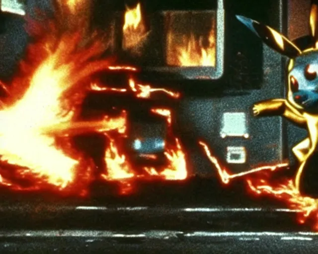 Prompt: Terminator pikachu on fire, scene from the 1980s film, still form the fiml