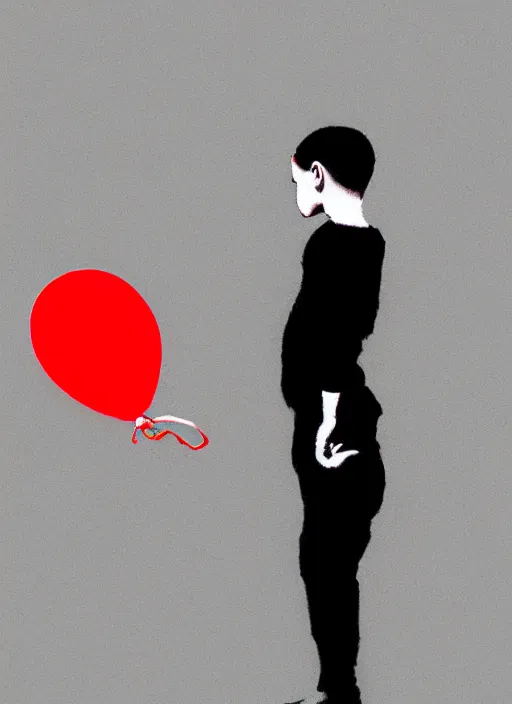 Image similar to a side profile of a black and white boy holding a single red balloon on a white concrete background in the style of Banksy, graffiti, digital art