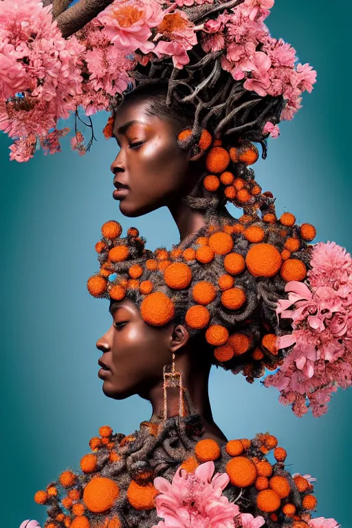 Image similar to hyperrealistic post - rococo cinematic super expressive! yoruba goddess with exoskeleton armor, merging with tree in a forest, pink orange flowers, highly detailed digital art masterpiece, smooth cam de leon eric zener dramatic pearlescent soft teal light, ground angle hd 8 k, sharp focus