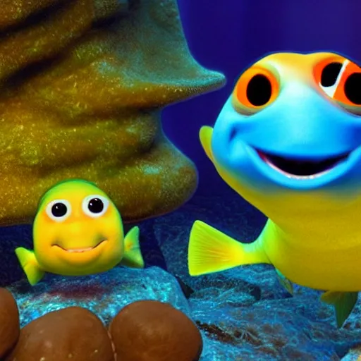 Prompt: smiling baby fish aquatic dinosaurs with glowing blue phosphorescent textures throughout their skin. rendered by pixar.