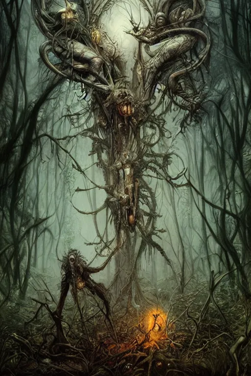 Prompt: life and death mixing in a corrupted forest, demonic faces, fireflies, hyperdetailed, 4 k, trending on artstation, dark and gloomy, demonic, cinematic, artgerm, h. r. giger, francis bacon, gustave moreau, luis royo