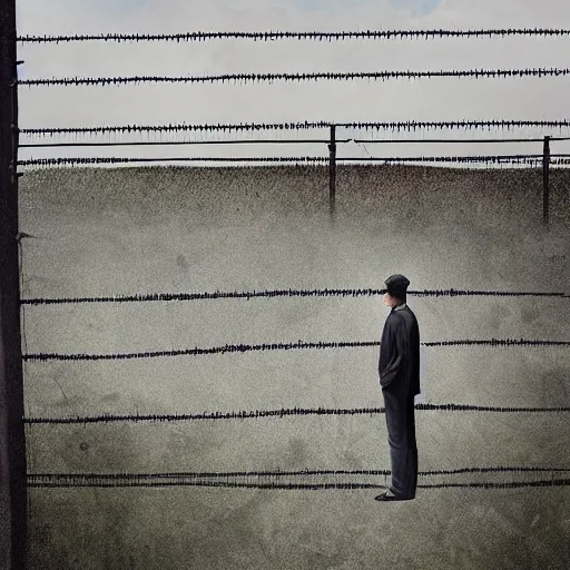 Image similar to a matte painting of a a man standing in front of a wire fence by emiliano ponzi