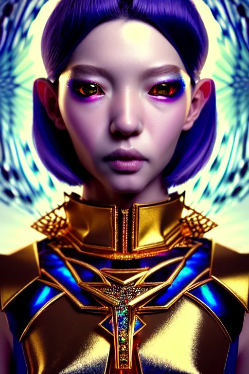 Image similar to hyperdetailed portrait of a stunningly beautiful movie thirty years old star androgynous woman guard made of iridescent metals, shiny gems, inspired by ross tran and wlop and masamune shirow and kuvshinov, concept art, intricate, photorealistic, octane render, rtx, hdr, unreal engine, dnd digital art by artgerm