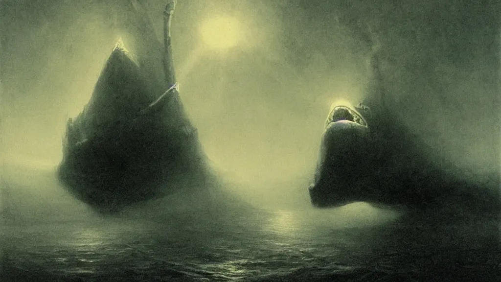 Prompt: environment under the ocean, a huge monster of the deep emerges out of the darkness of the deep ocean waters to attack a small submarine, Beksiński, Achenbach, horror, eerie lighting, god rays