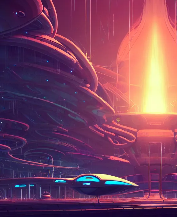 Image similar to simplicity, an amusement park made out of simple alien creatures, simple biological forms, internal organs, in the style of an asymmetrical spaceship, apocalyptic environment, by dan mumford, yusuke murata, makoto shinkai, ross tran, cinematic, unreal engine, cel shaded, featured on artstation, pixiv