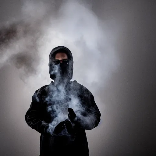 Image similar to a portrait of a teenager wearing a black balaclava in a tear gas cloud, facing camera, smoke, riot, photojournalism, f 2, nikon, studio portrait, haze, volumetric lighting, eerie