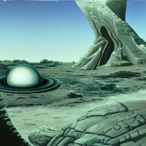 Image similar to 70's Sci-Fi art of an alien planet