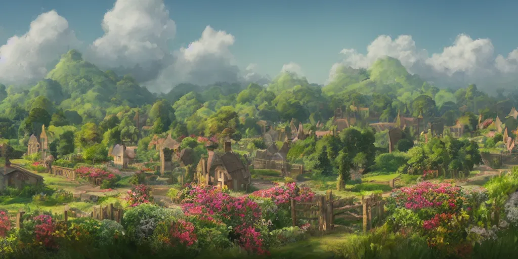 Image similar to background plate matte painting ghibli pixar dreamworks vista english countryside.