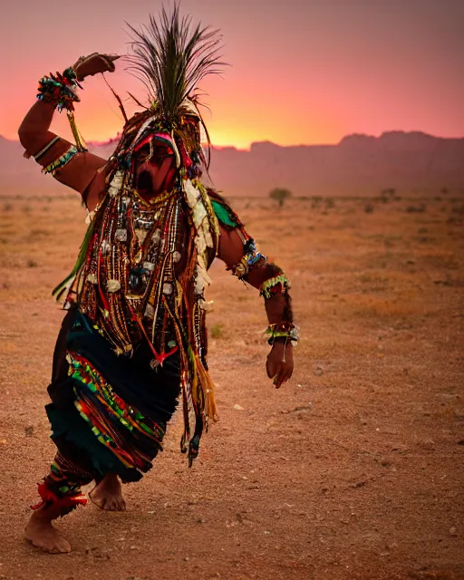 Image similar to tribal chaman dancing as vegetation and flowers grows up around him on the dry desert with cracked soil with fog, epic photography, sunset lighting , 8k