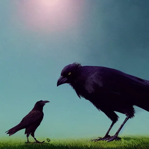 Prompt: a wholesome animation key shot of a crow on a hill, very coherent art, portrait shot, studio ghibli, pixar and disney animation, sharp, anime key art by greg rutkowski, bloom, dramatic lighting