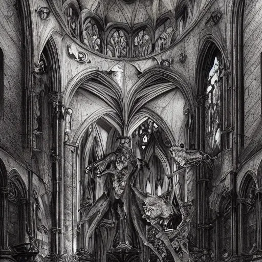 Prompt: disasterpiece gothic church gargoyles holy ambience, by Edgar Maxence and Ross Tran and Michael Whelan and Caravaggio, intricate line drawings, cinematic, establishing shot, 4k resolution