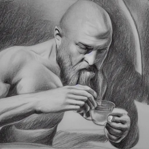 Prompt: zeus drinking tea in the olympus, pencil drawing